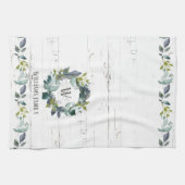 グリーン素朴リーウォーターカラーローレルリースモノグラム キッチンタオル (横)