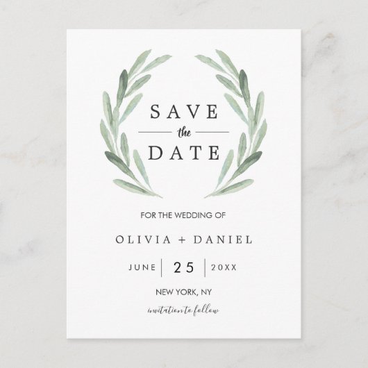 グリーン素朴リースシンプルウェディング日付を保存 案内ポストカード (正面)