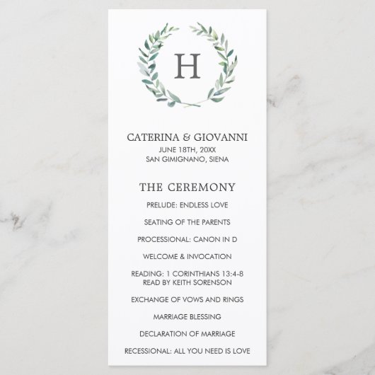 グリーン素朴リースモノグラムエレガントな結婚式 プログラム (正面)