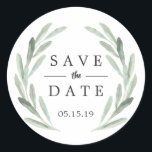 グリーン素朴リース結婚式の日付を保存 ラウンドシール<br><div class="desc">ウェッ素朴ディング日付シールを保存する緑のオリーブの枝のフローライラストレーションを特色リース。春、夏、ビーチイベントに最適。このデザインの高度なカスタマイズにクリックは、上の「カスタマイズIt」ボタンをクリックして下さい。一致するアイテムも利用可能である。</div>