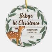 グリーン素朴リーディアベビーズ初めてのクリスマス写真 セラミックオーナメント (正面)