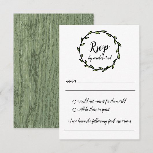 グリーン素朴リーフィリースウェディングRSVP 招待状 (正面/裏面)