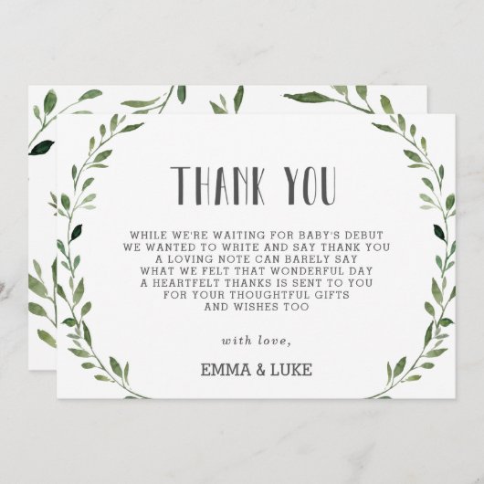 グリーン素朴リーリースベビーシャ男女兼用ワー サンキューカード (正面/裏面)