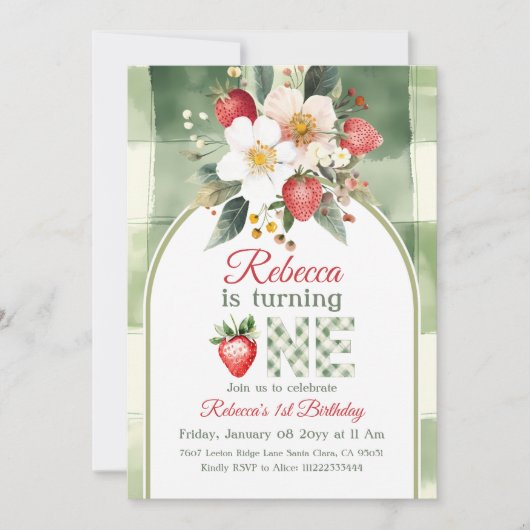 グリーン素朴レッドストロベリーファースト誕生日 招待状 (正面)