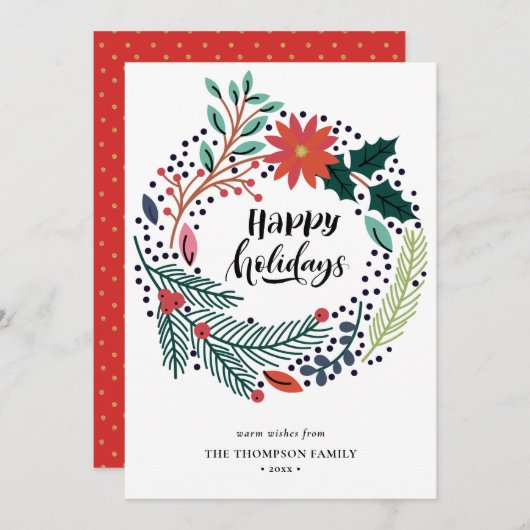 グリーン素朴レッドポインセチアフローラリースシンプル シーズンカード (正面/裏面)