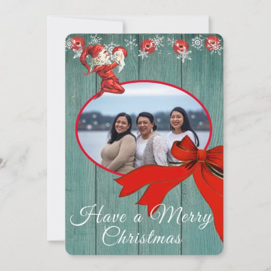グリーン素朴ヴィンテージレッド小妖精や小人写真メリークリスマス シーズンカード (正面)