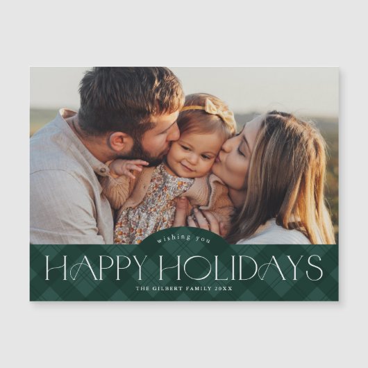 グリーン素朴格子模様フォトホリデー磁気カード (正面)