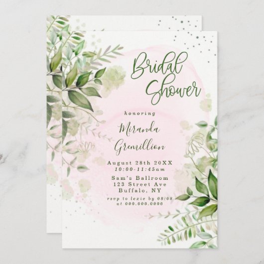 グリーン素朴赤面ピンクエアリーブライダルシャワー 招待状 (正面/裏面)