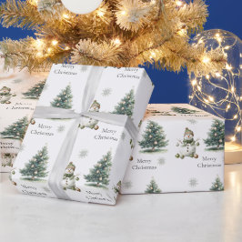 グリーン素朴金ゴールドクリーム雪だるまクリスマスツリー ラッピングペーパー