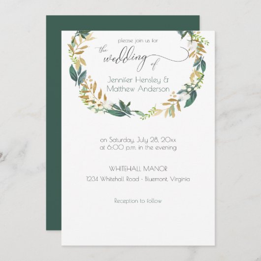 グリーン素朴&金ゴールドグリーンリース | 招待状 (正面/裏面)