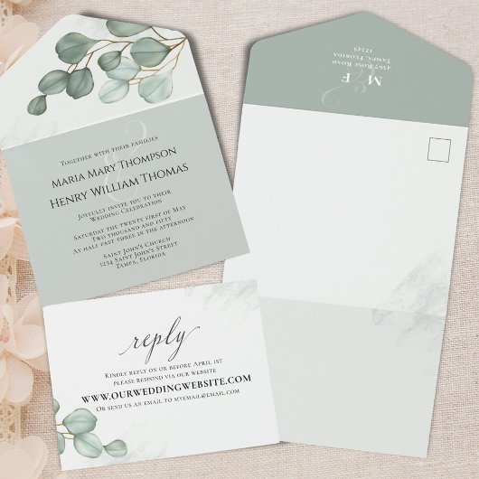 グリーン結婚のユーカリ緑エレガント草 オールインワン招待状