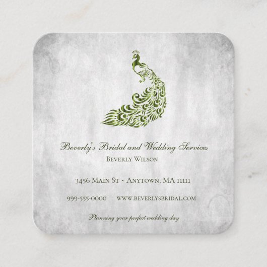 グリーン結婚ピーコックとブライダルサービス スクエア名刺 (正面)