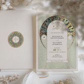 グリーン結婚金ゴールドアールヌーボーアールデコミュシャ 箔招待状