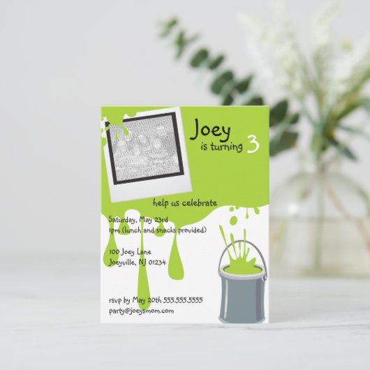 グリーン絵を描カン子供の誕生日パーティの招待状 招待状 (スタンド正面)