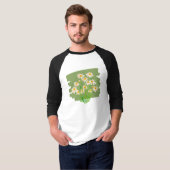 グリーン背景のレトロフラワーデザイン Tシャツ (正面フル)