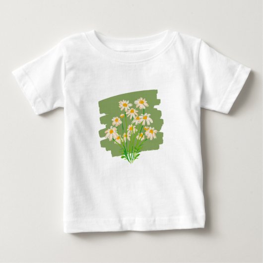 グリーン背景の牧歌的な花柄デザイン ベビーTシャツ (正面)