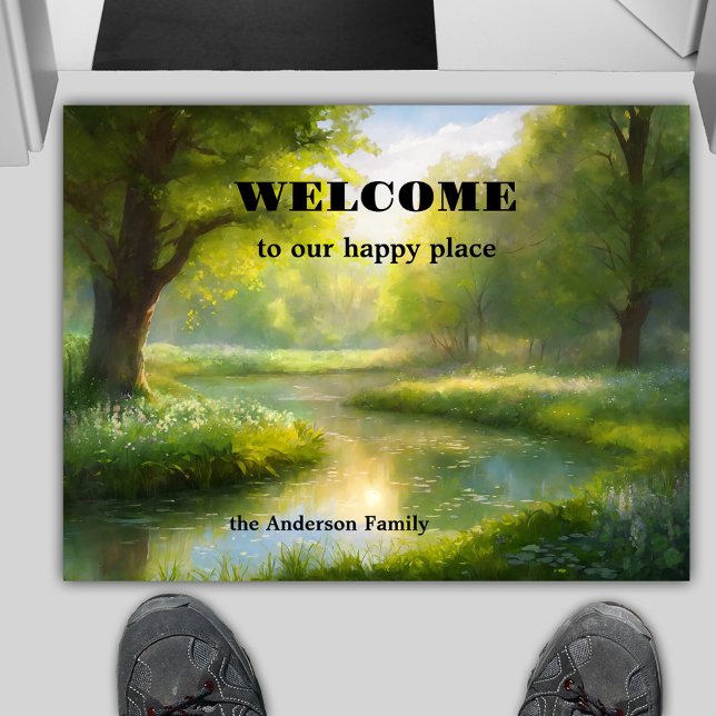 グリーン自然ランドスケープ ドアマット (Doormat featuring a fine art painting of a peaceful landscape with trees, a creek and green nature)