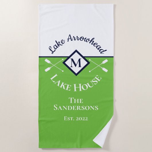 グリーン航海のネイビーブルーホワイトモノグラムレイクハウス ビーチタオル (正面)