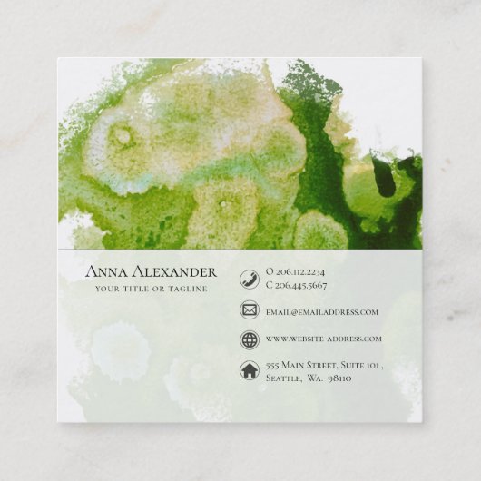 グリーン芸術的抽象芸術ウォーターカラーアート スクエア名刺 (裏面)