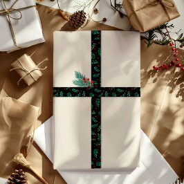 グリーン葉とレッドベリークリスマスパターンブラック サテンリボン
