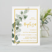 グリーン葉ゴールドフォイル少年または女の子バプテスマ 箔招待状 (立ち正面)