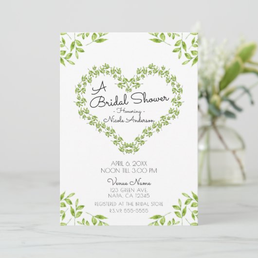 グリーン葉ハートシャビーシックブライダルシャワー 招待状 (スタンド正面)
