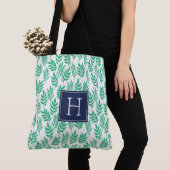 グリーン葉パターンとブルーモノグラム トートバッグ (クローズアップ)