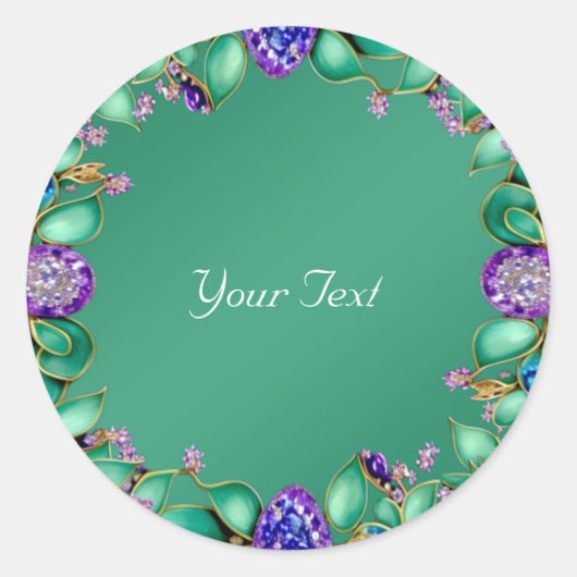 グリーン葉パープルジェムストーンクラシックラウンドステッカー ラウンドシール (正面)