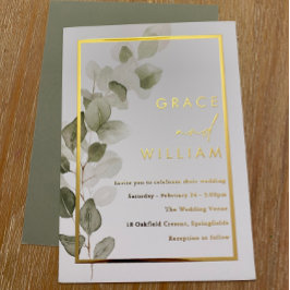 グリーン葉フォイル縁どオールモダンズ 箔招待状