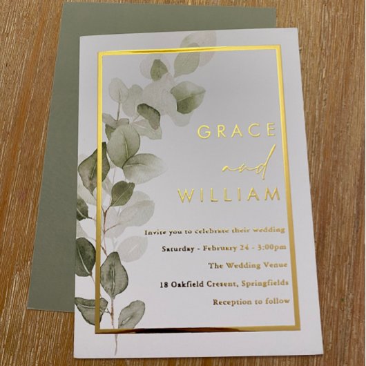 グリーン葉フォイル縁どオールモダンズ 箔招待状