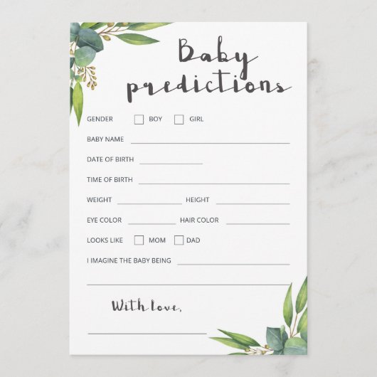 グリーン葉ベビー赤ちゃんシャワー予測カード (正面)