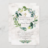 グリーン葉リースクロスマーブルボーバプテスマ 招待状 (正面/裏面)