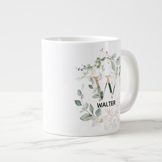 グリーン葉リースモノグラムイニシャルWレター ジャンボコーヒーマグカップ (正面右)
