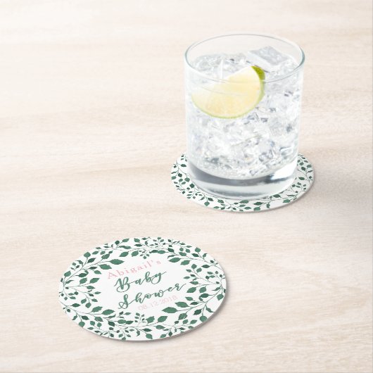 グリーン葉リース |赤パーソナライズされたちゃんシャワー ラウンドペーパーコースター (インサイチュ)