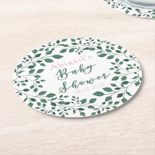 グリーン葉リース |赤パーソナライズされたちゃんシャワー ラウンドペーパーコースター (アングル)