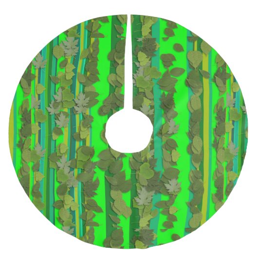 グリーン葉リーフストライプパターンスクリスマスホリデー ブラッシュドポリエステルツリースカート (正面)