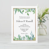 グリーン葉結婚式招待状と金ゴールドフレーム 招待状 (スタンド正面)