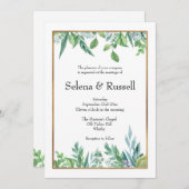 グリーン葉結婚式招待状と金ゴールドフレーム 招待状 (正面/裏面)