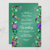 グリーン葉結婚式招待状パープルジェムストーンズ 招待状 (正面/裏面)