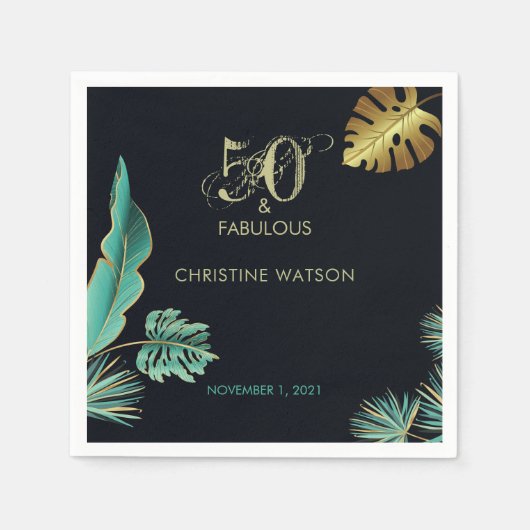 グリーン葉金ゴールド50と素晴らしい誕生日パーティー スタンダードカクテルナプキン (正面)