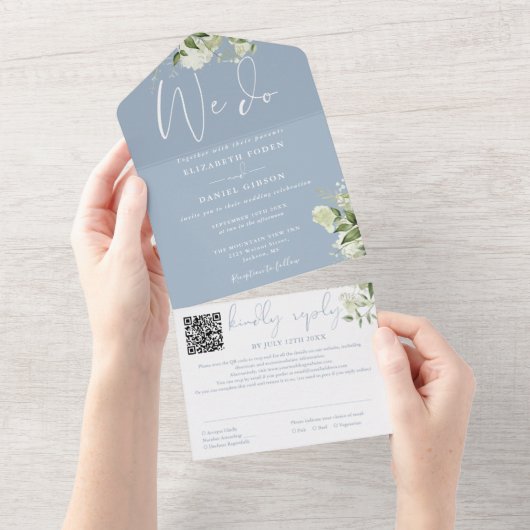 グリーン装飾のモノグラムQRコード ダスティブルーの結婚式 オールインワン招待状 (貼ってはがせる)