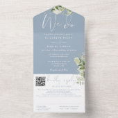グリーン装飾のモノグラムQRコード ダスティブルーの結婚式 オールインワン招待状 (内側)