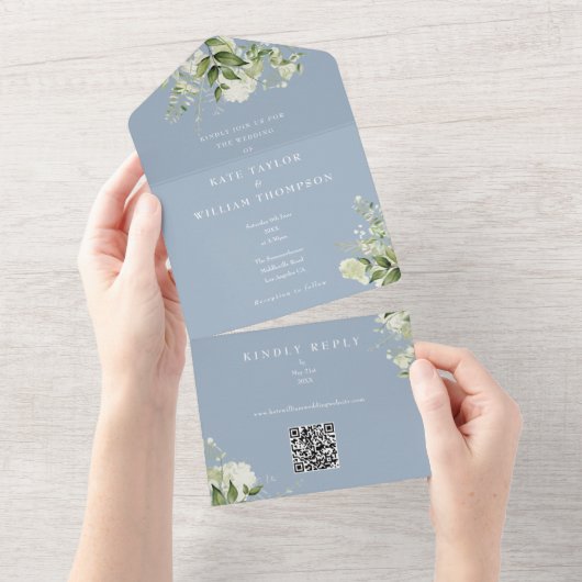 グリーン装飾のQRコード ダスティブルーの結婚式 オールインワン招待状 (貼ってはがせる)