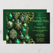 グリーン装飾オーナメントホリデーパーティー招待 招待状 (正面/裏面)