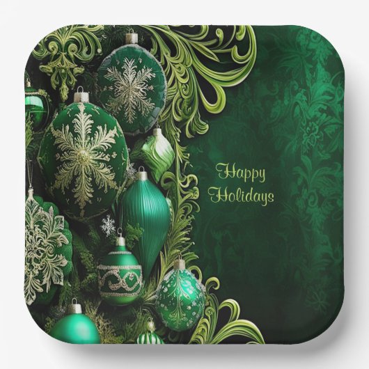 グリーン装飾オーナメントホリデー紙プレート ペーパープレート (正面)