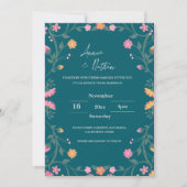 グリーン複雑なフローラフレーム結婚式招待状 (正面)
