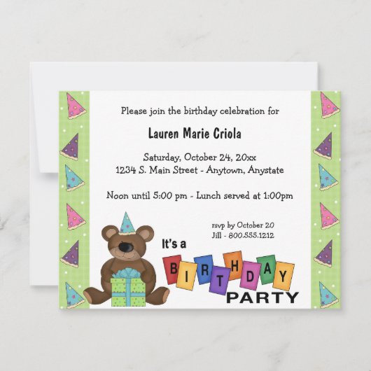 グリーン誕生日プレゼントベアパーティの招待状 招待状 (正面)