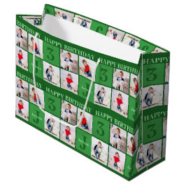 グリーン誕生日ボーイフォトコラージュカスタムパーティー ラージペーパーバッグ