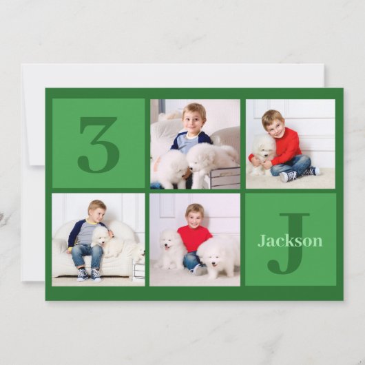 グリーン誕生日ボーイフォトコラージュカスタムパーティー 招待状 (正面)