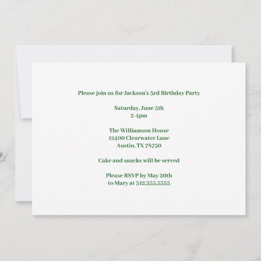 グリーン誕生日ボーイフォトコラージュカスタムパーティー 招待状 (裏面)